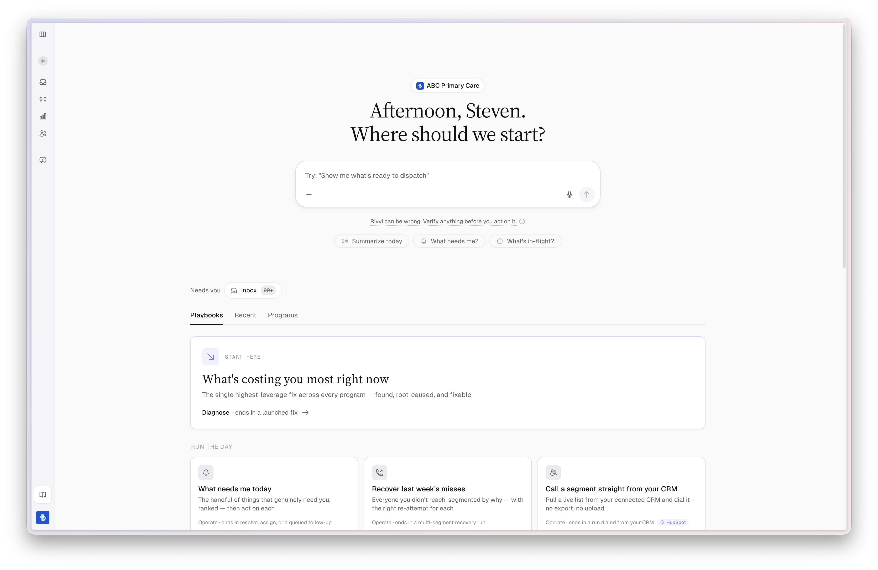 Rivvi workspace, the AI coworker greeting an operator and surfacing the day's highest-leverage playbooks.