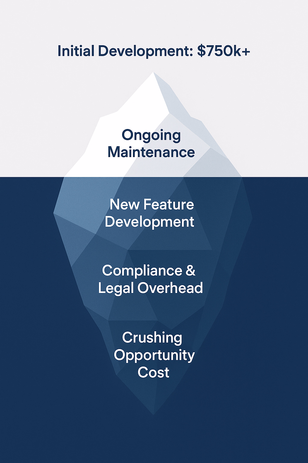 An iceberg diagram showing that the hidden TCO of a DIY healthcare platform (maintenance, compliance, opportunity cost) is far greater than the initial build cost.