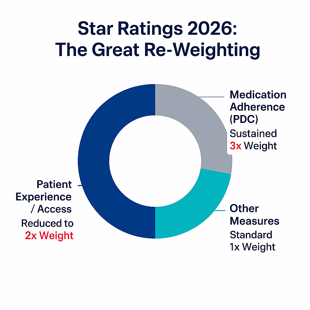 Donut chart showing the new weights for 2026 Medicare Star Ratings categories, emphasizing the decreased influence of CAHPS surveys.