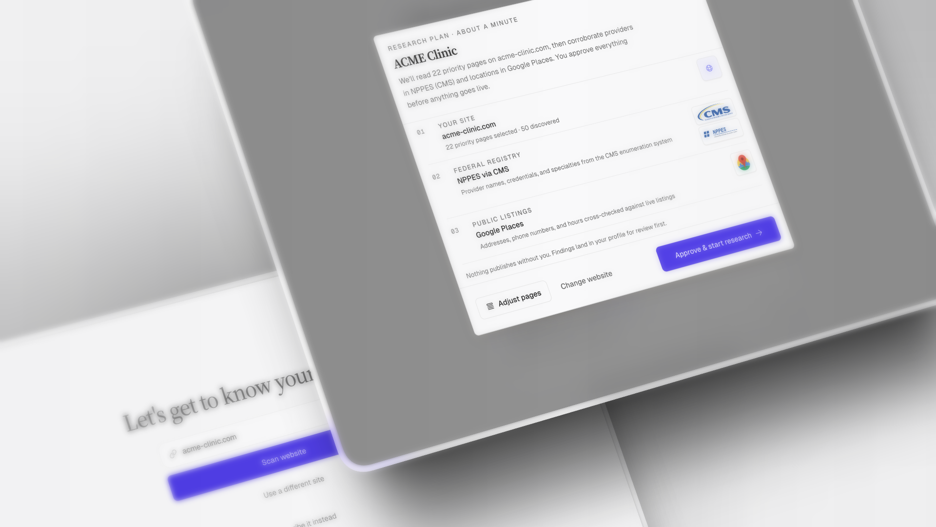 Research plan for a clinic: site pages, NPPES, and Google Places, waiting for approval.